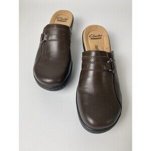 Clarks Women’s Slip On Brown Leather Mules 6.5 M Cushion Comfort Walking Shoes